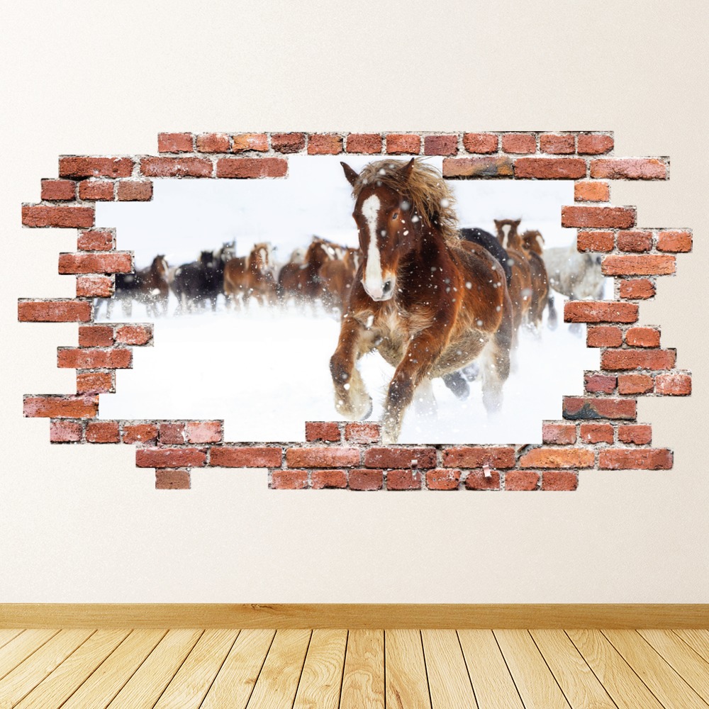 Horses In The Snow Red Brick 3D Hole In The Wall Sticker | Icon Wall ...